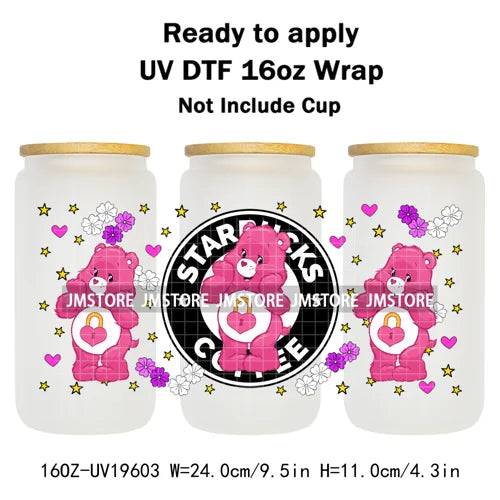 Cheerful Floral Hearts Cartoon Bears Clipart UV DTF Transfer Stickers Cup Tumbler Wrap For 16OZ Libbey Glass Bottle Cup Wraps