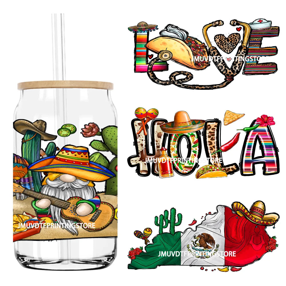 Mexican Mama Cowhide Western UV DTF Sticker For 16OZ Libbey Glass Cup Can Wrap Transfer Sticker Custom DIY Logo Fiesta Tacos