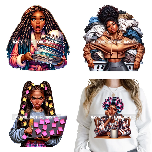 Sassy Facial Expressions Black Girl Housewife Remote Work Iron on Washable DTF Transfers Stickers Ready to Press for Sweatshirts