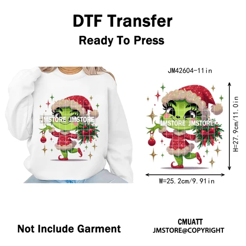Faux Glitter Cartoon Christmas Movie Green Santa Kid Girly Xmas Iron on DTF Washable Transfer Sticker Ready to Press for Textile
