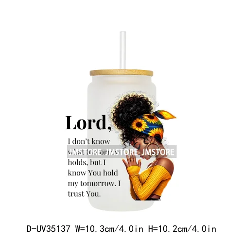 Christian Quotes Afro Pray Girl UV DTF Transfer Stickers Decals Ready To Apply Waterproof For 16OZ Libbey Glass Can Cups Tumbler