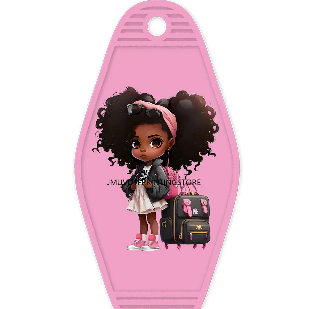 School Melanin Black Girls With Luggage High Quality WaterProof UV DTF Sticker For Motel Hotel Keychain Afro Children