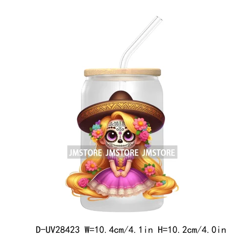 Cute Latina Cartoon Princess Baby Girl UV DTF Transfer Stickers Decals For Libbey Cold Cups Mug Tumbler Labels Sugar Skull Woman