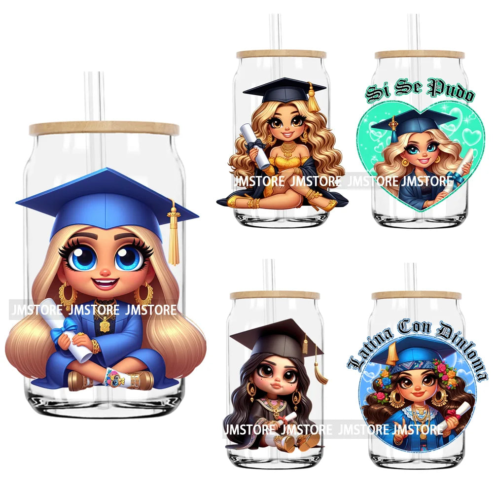 Chicano Graduation Chibi Education UV DTF Transfers Stickers Decals For Libbey Cold Cups Mugs Tumbler Waterproof DIY Craft Logo