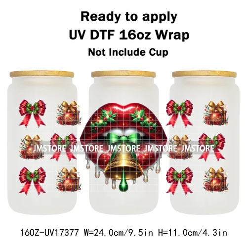 Colorful Christmas Lips Holiday Gifts Xmas Balls UV DTF Wraps Transfer Sticker Waterproof Logo For 16OZ Libbey Glass Can Tumbler