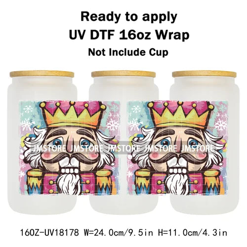Faux Glitter Preppy Nutcracker Christmas UV DTF Cup Wrap Ready To Apply Transfer Sticker 16OZ Tumbler Wraps For Libbey Glass Can