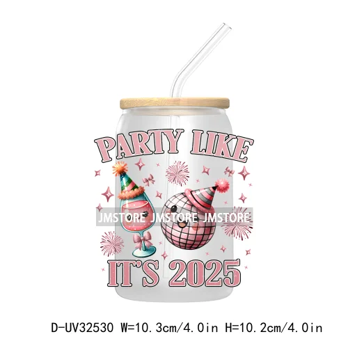 Trendy Pink Coquette New Year 2025 Disco Ball Retro Holidays UV DTF Transfer Stickers Decals For Libbey Cold Cups Mugs Tumbler