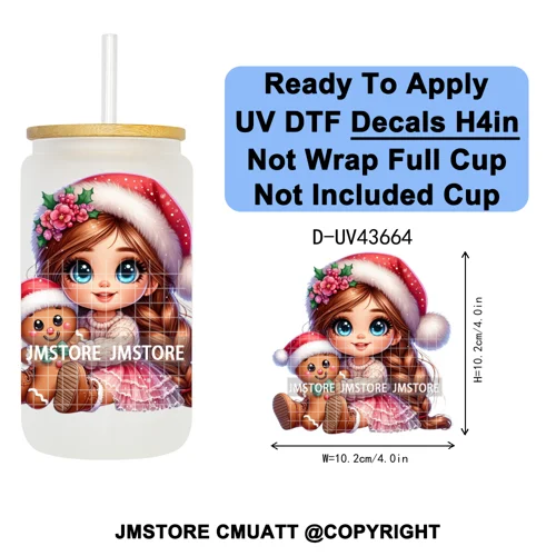 Floral Christmas Latina Chibi Girl UV DTF Transfer Stickers Decals Ready To Apply Good Quality Prints For Libbey Cold Cup Mugs