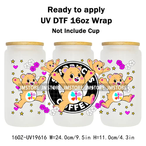 Cheerful Floral Hearts Cartoon Bears Clipart UV DTF Transfer Stickers Cup Tumbler Wrap For 16OZ Libbey Glass Bottle Cup Wraps