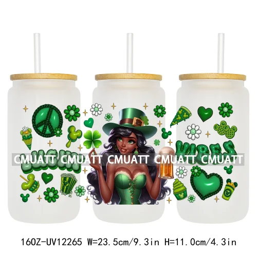 Happy St Patricks Cartoon Princess Characters Feeling Lucky Four Leaf Clover 16OZ UV DTF Cup Wrap Sticker For Libbey Glass Can