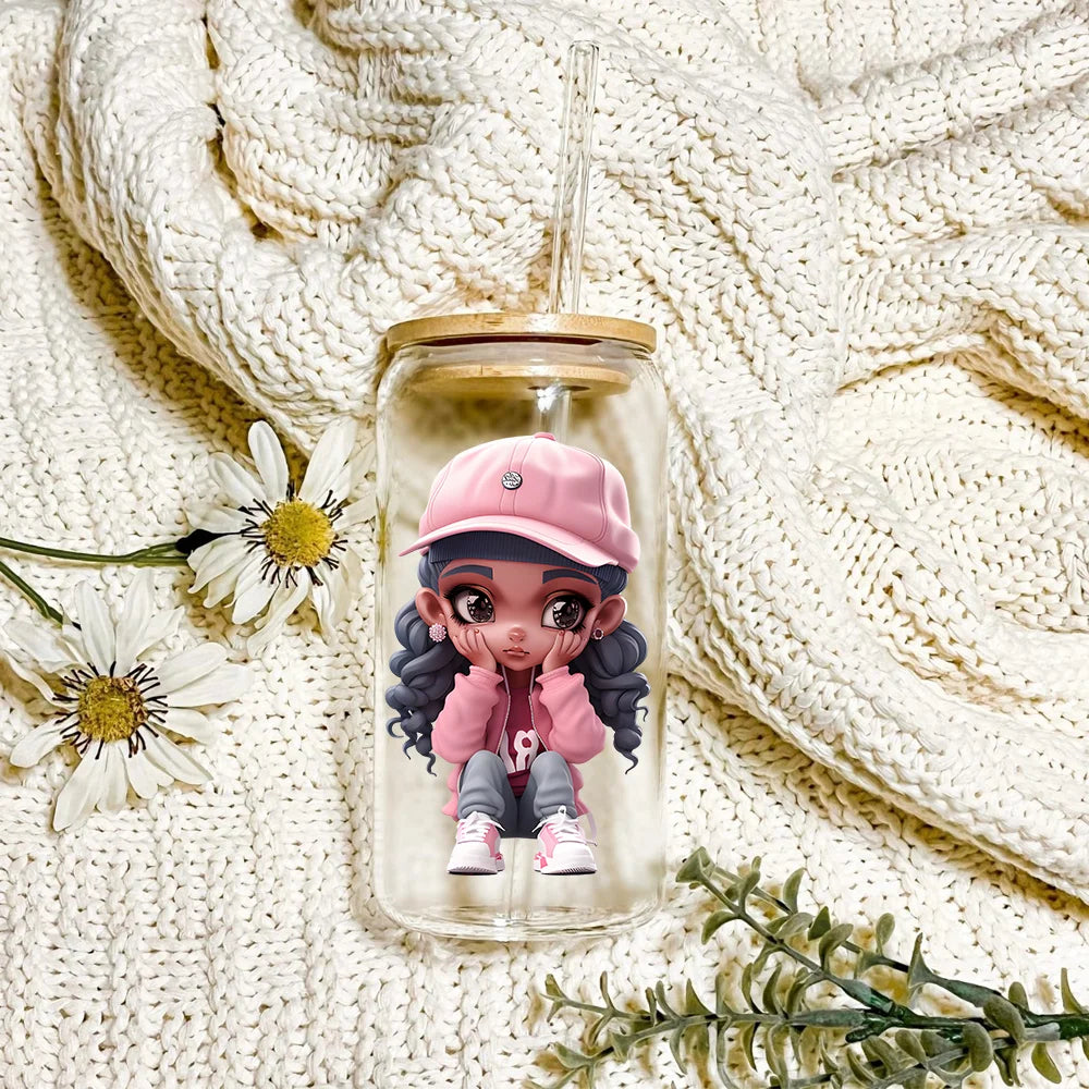 Floral Christmas Latina Chibi Girl UV DTF Transfer Stickers Decals Ready To Apply Good Quality Prints For Libbey Cold Cup Mugs