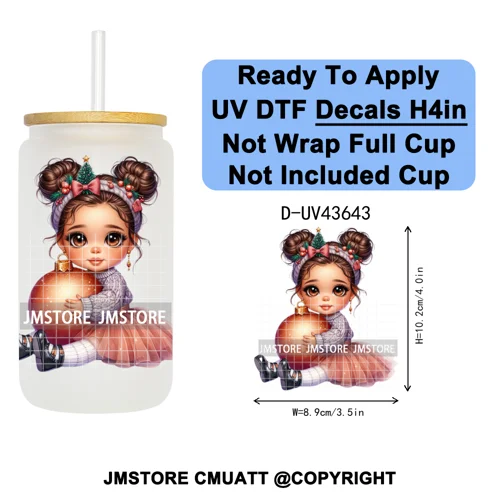 Chibi Cute Mexican Christmas Baby Girl UV DTF Decals Ready To Apply Waterproof Transfer Stickers For 16OZ Libbey Glass Can Mugs