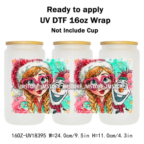 Brushstroke Christmas Glitter Princess UV DTF Cup Wrap Ready To Apply Transfer Stickers 16OZ Tumbler Wraps For Libbey Glass Can