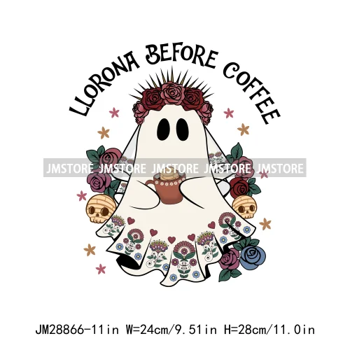 Ghost Espooky Vibes Conchas Llorrona Before Coffee Cafecito Aqui Espantan Halloween Iron On DTF Transfer Stickers For Clothing