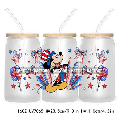 Happy 4TH Of July Cartoon Bear Friends 16OZ UV DTF Cup Wrap Transfer Stickers For Libbey Glass Can Cups Tumbler Waterproof Craft