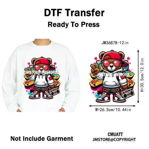 12in Colorful Graffiti Urban Stree Vibes Fearless Gangster Bear Washable Iron on DTF Transfer Sticker Ready to Press for Clothes