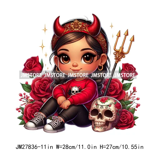 Chibi Cute Halloween Devil Latina Baby Hispanic Girls Skull Red Rose DTF Iron On Transfer Stickers Ready To Press For Sweatshirt