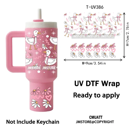 Pink Coquette Bow Goose Daisy Flower UV DTF Mini Tumbler Keychain Wraps Ready To Apply Transfer Stickers Prints Waterproof Decal