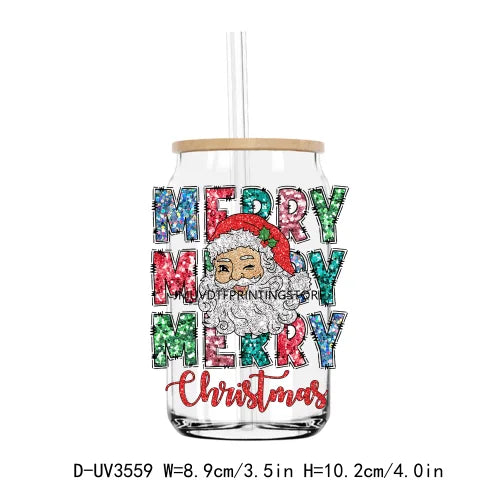 Glitter Thankful Merry Christmas Season UV DTF Transfers Stickers Decals For Libbey Cold Cups Mugs Tumbler Waterproof DIY Craft