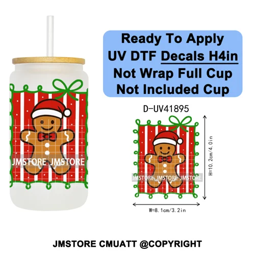 Preppy Christmas Stamps Xmas Card UV DTF Transfer Stickers Decals Ready To Apply Waterproof For 16OZ Libbey Glass Can Tumbler