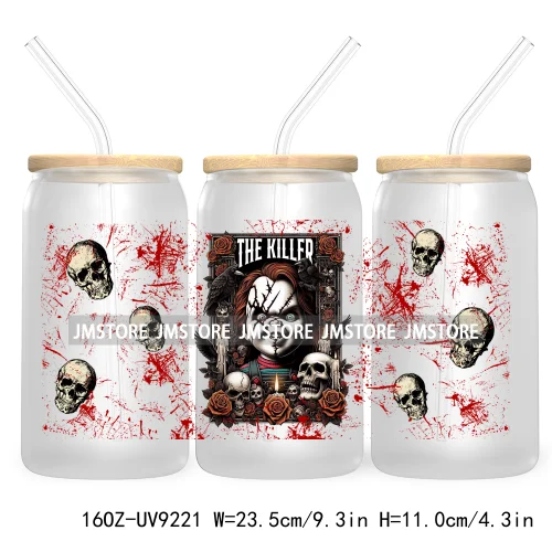 Horror Characters 16OZ UV Cup Wrap DTF Transfer Stickers For Libbey Glass Can Cups Tumbler Waterproof Labels Halloween Skull