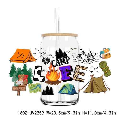 Outdoor Campfire Camp Life 16OZ UV DTF Cup Wrap Transfer Stickers Custom Labels DIY Durable Waterproof Logo For Libbey Glass Can