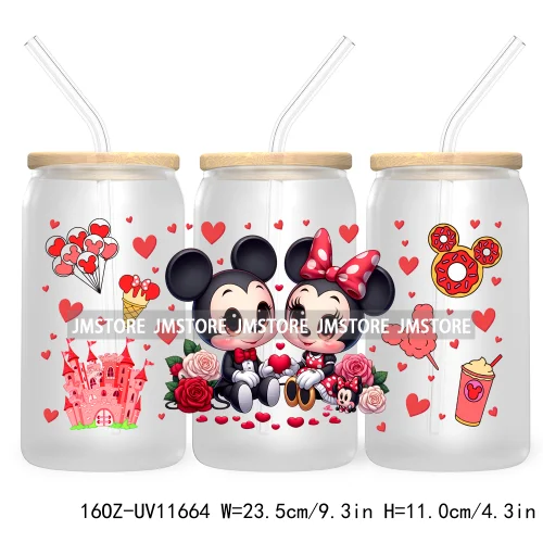 Cute Cartoon Couple XOXO Valentine's Day UV DTF Cup Wrap Transfer Stickers For 16OZ Libbey Glass Can Cupid Vibes Love Hearts