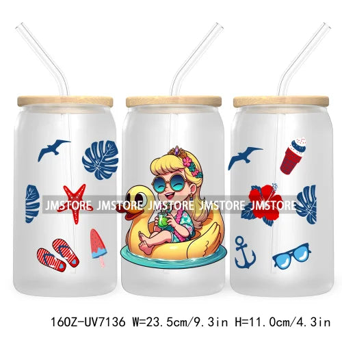 Cartoon Princess's Summer Vacation 16OZ UV DTF Cup Wrap Transfers Stickers For Libbey Glass Can Cups Tumbler Waterproof Craft