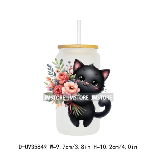 Valentine's Day Black Cat Couple UV DTF Transfer Stickers Decals Ready To Apply Waterproof For 16OZ Libbey Glass Can Cup Tumbler
