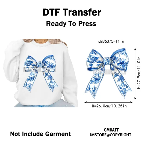 Blue And White Toile Chinoiserie Floral Coquette Bow Thermal Decals Iron on DTF Transfers Stickers Ready to Press for Clothing