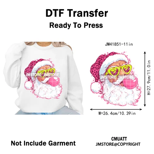 Pink Cartoon Glasses Coffee Drink Leopard Blowing Santa Claus Christmas Iron on DTF Transfer Stickers Ready to Press for T-shirt
