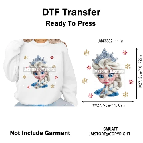 Cute Faux Knitting Yarn Princess Cartoon Character Christmas Holiday Iron on DTF Transfers Stickers Ready to Press for Hoodies