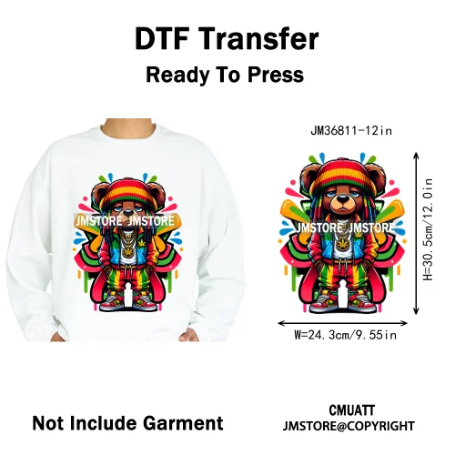 12in Cartoon Gangster Hip Hop Streetwear Teddy Bear Lover Designs Iron on DTF Heat Transfers Stickers Ready to Press for Hoodies