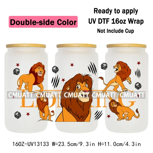 Double Side Color Cartoon Lion UV DTF Cup Wrap Transfer Stickers For 16oz Libbey Glass Beer Selfadhesive Waterproof Adhesive