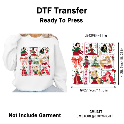 Very Merry Christmas Party Cartoon Princess Kids Friends Winter Gifts Iron on DTF Transfers Stickers Ready to Press for Textiles