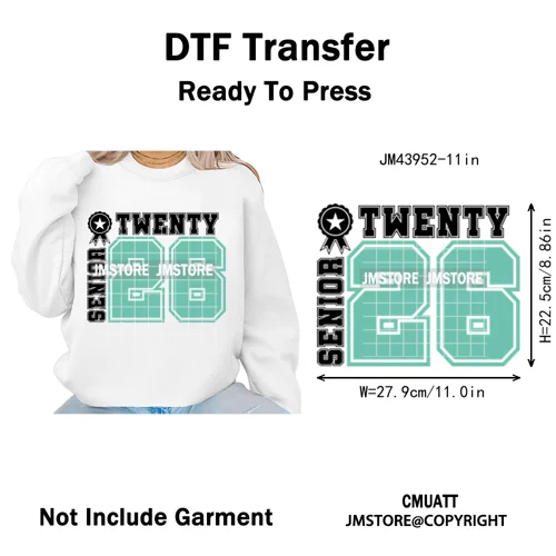 College Mega Senior 2K26 Coquette Class of 2026 Iron on Washable DTF Heat Transfers Stickers Ready to Press for Textiles Bags