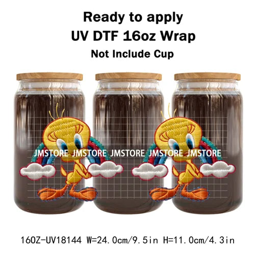 Faux Embroidery Floral Cartoon Characters UV DTF Stickers Ready To Apply Cup Wraps Waterproof For 16OZ Libbey Glass Can Tumbler