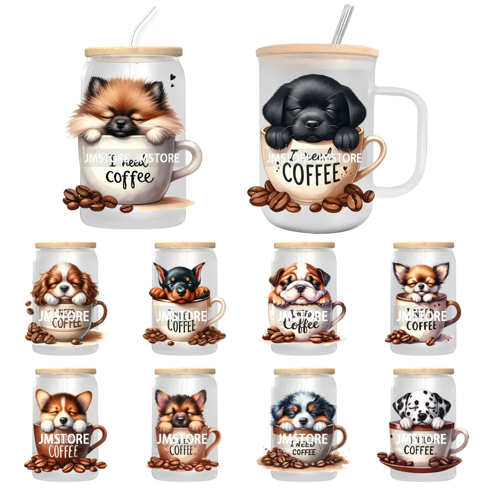 Puppy Coffee Dog Cartoon Pet Lover UV DTF Decals Ready To Apply Waterproof Transfer Stickers For 16OZ Libbey Glass Can Tumbler