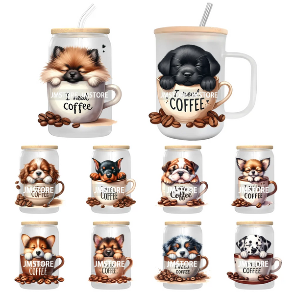 Puppy Coffee Dog Cartoon Pet Lover UV DTF Decals Ready To Apply Waterproof Transfer Stickers For 16OZ Libbey Glass Can Tumbler