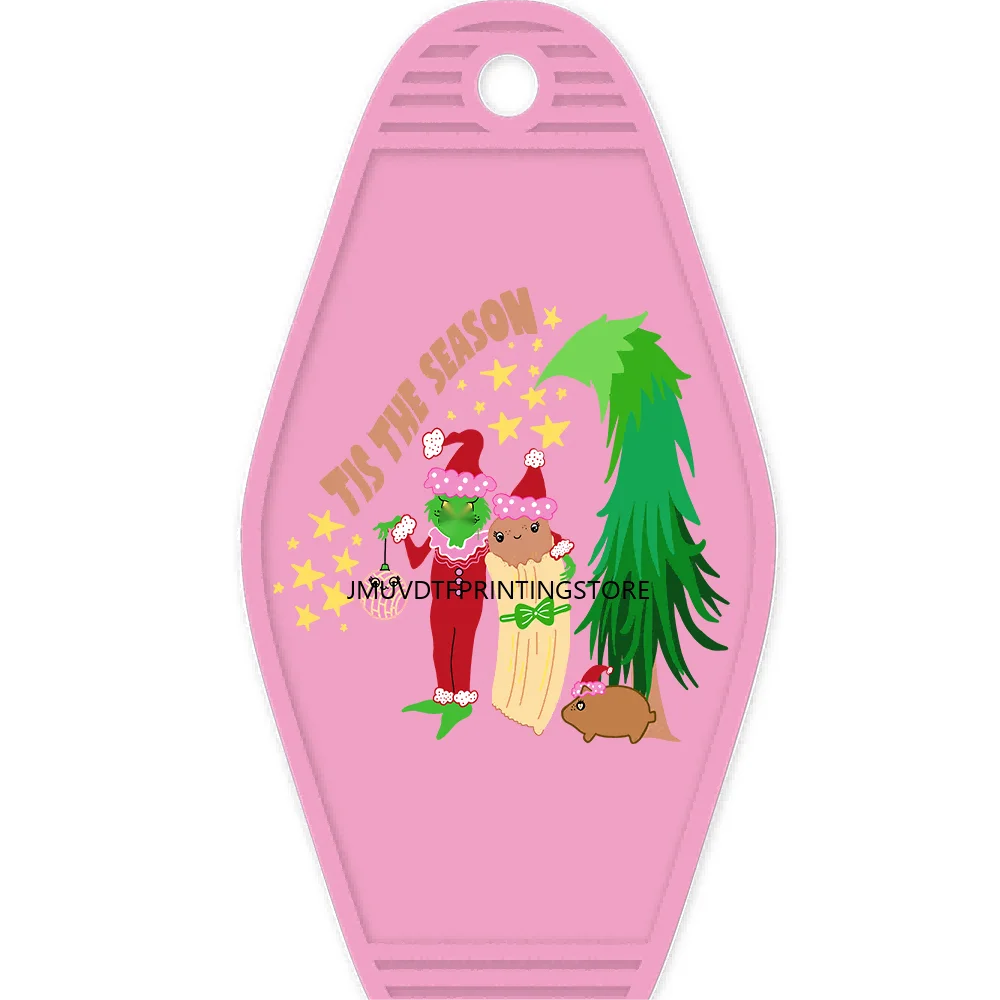 Faux Tis The Season Christmas Tree High Quality WaterProof UV DTF Sticker For Motel Hotel Keychain Highland Cow With Santa Hat