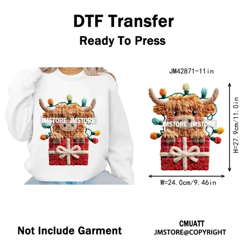 Faux Latch Hook Yarn Crochet Christmas Highland Cow Santa Iron on DTF Washable Transfer Stickers Ready to Press for Garment Bags
