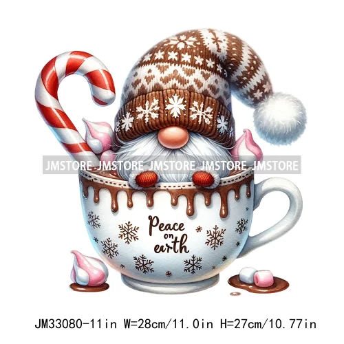 Funny Hot Cocoa Cup Festive Gnomes Wishes Candy Merry Christmas Iron On DTF Transfers Stickers Ready To Press For Sweatshirts