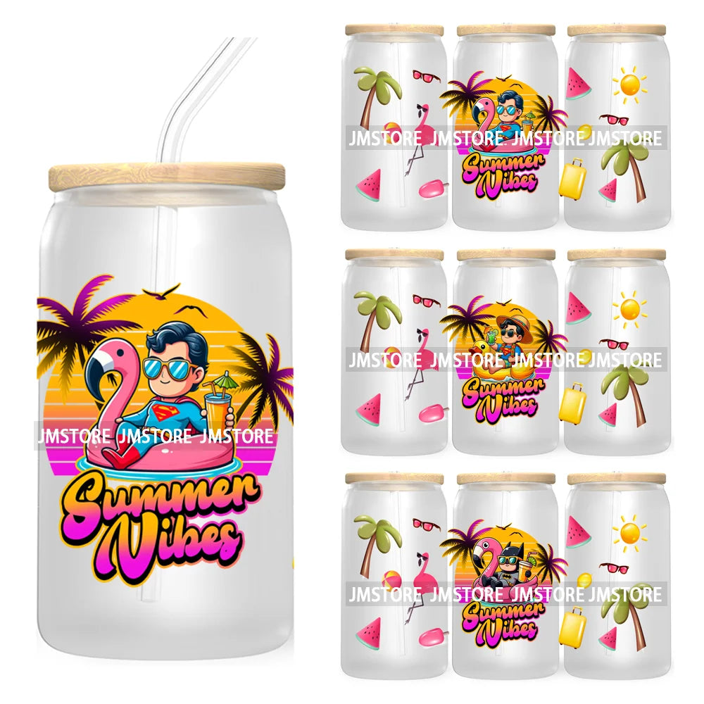 Summer Vibes 16OZ UV DTF Cup Wrap Transfers Stickers For Libbey Glass Can Cups Tumbler Waterproof Labels Cartoon Beach Vacation