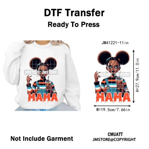 Black Girls Coffee Drinking Halloween Scary Movie Killer Mama Iron on Washable DTF Transfers Stickers Ready to Press for Clothes