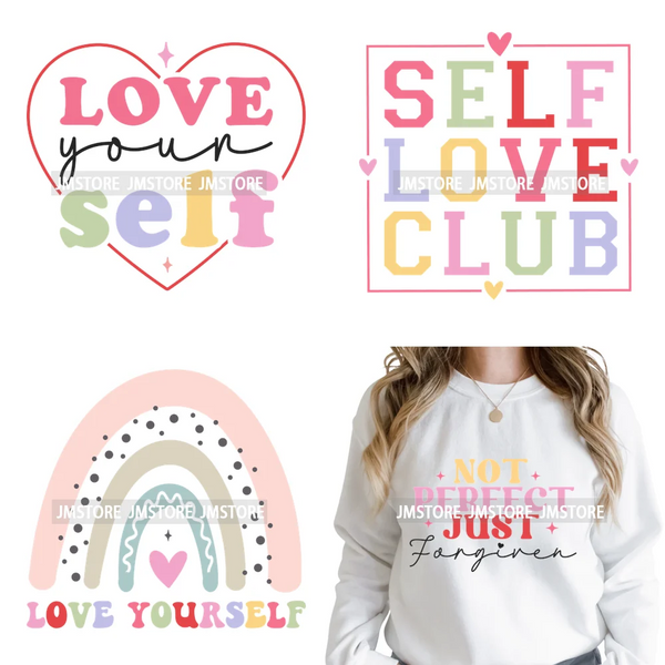 Self Love Club Mental Health Quotes Positive Inspirational Iron on Washable DTF Transfers Stickers Ready to Press for Clothing