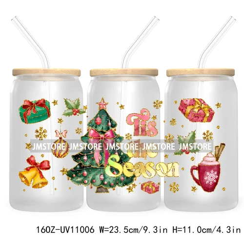 Coquette Glitter Holly Jolly Christmas Tree UV DTF Cup Wrap For Libbey Glass Can Transfer Stickers Waterproof Custom Labels Gift