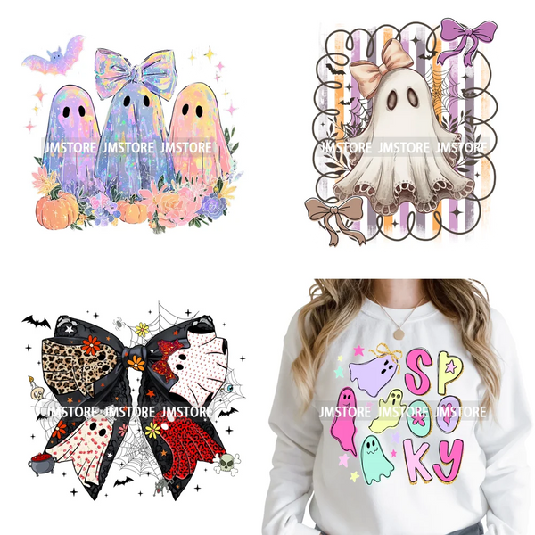Cute Iridescent Ghost Girly Halloween Coquette Spooky Vibes Iron on Washable DTF Transfers Stickers Ready to Press for Clothing