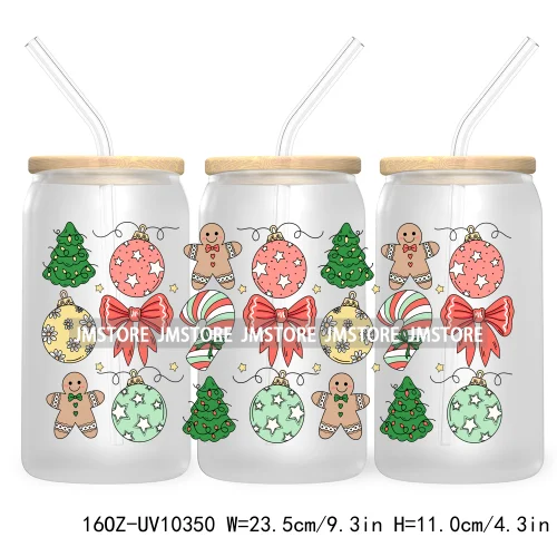 Retro Christmas Santa Claus 16OZ UV Cup Wrap DTF Transfer Stickers For Libbey Glass Can Cups Tumbler Cookie Gingerbread Dog Mom