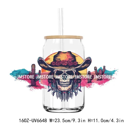 Boho Western Country Cowboy Skull Vibes UV DTF Sticker For 16OZ Libbey Glass Cup Can Wrap Transfer Sticker Custom Label DIY Logo