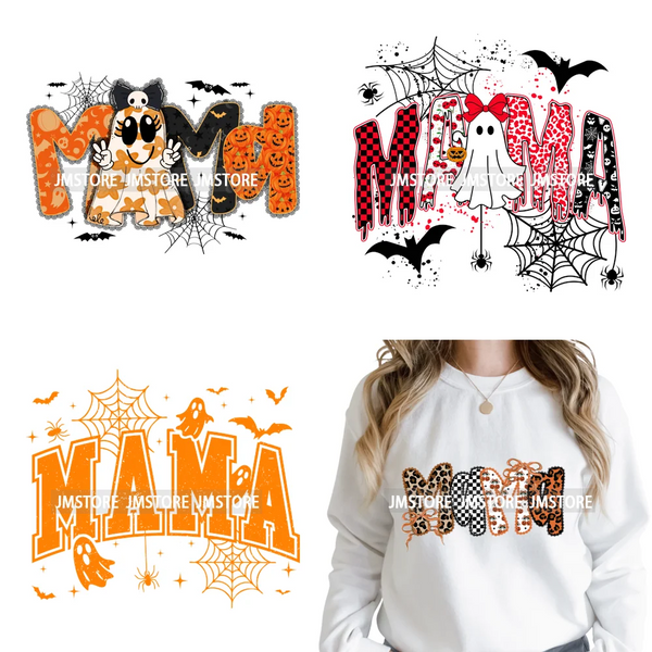 Leopard Checkered Spooky Mama Ghost Halloween Letters Preppy Halloween Iron on DTF Transfer Stickers Ready to Press for T-shirts